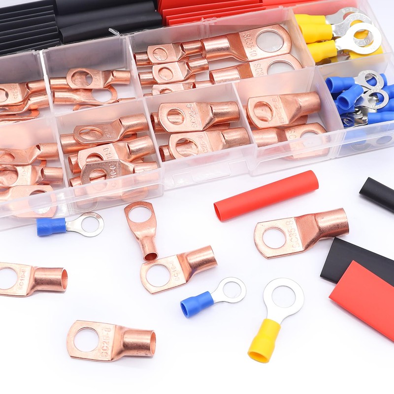 Taiss 110PCS Copper Wire Lugs,Battery lugs AWG 2/4/6/8/10/12/14/16 Gauge Copper