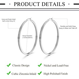 ORAZIO Stainless Steel Women Hoop Earrings Cute Huggie Earrings Cubic Zirconia Inlaid 50MM (A: Silver-tone)