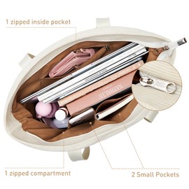 KALIDI Corduroy Large Tote Bag With Zip Pockets Cord Tote Bag For School Womens Tote Bag School Work College Uni Beige