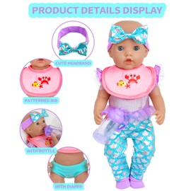 18INDC Baby Doll Clothes 16-18 Inch Mermaid -Themed Baby Doll Accessories Set - Onesie Outfit, Blanket, Headband, Diaper, Bid, Bottle and Shoes
