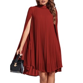 Rooscier Women's Mock Neck Cloak Sleeve Pleated Keyhole Back Flowy Party Midi Dress New Red Medium