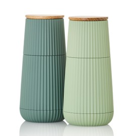 Pepper and salt mill set Scape, dark green&light green, CeraCut ceramic grinder, plastic/oak wood, D: 5,8 cm, H: 12,3 cm