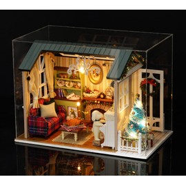 DIY Miniature Dollhouse Kit Realistic Mini 3D Wooden Mini Doll House Room with Furniture LED Lights Christmas Decoration Birthday Gift for Kids Teens Adults (Holiday time)