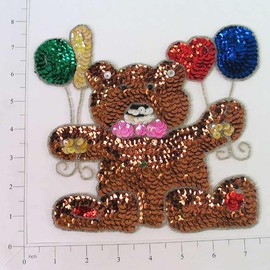Expo International 7 3/4" x 7 1/2" Teddy Bear with Balloons Sequin Patches/Appliques, Brown Multi