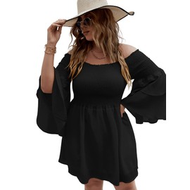 SOLY HUX Women's Plus Size Off Shoulder Long Sleeve Shirred Ruffle A Line Dress Black 3XL