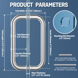 Ranbo Tubular Back-to-Back Shower Door Handle，Heavy-Duty 1.0mm Thick 304 Stainless Steel, for 1/4"- 1/2" Thick Glass and 1-3/8" - 2-1/6" Thick Wooden or Metal Doors，Polished Chrome 8" CTC