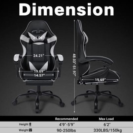 Ergonomic Gaming Chair with Footrest: 90°-155° Recline, Adjustable Height, Detachable Headrest & Lumbar, Reinforced Steel Base with 360°Silent Casters (Black/Gray)