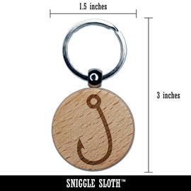 Single Barbed Fishing Hook Angler Fisherman Engraved Wood Round Keychain Tag Charm