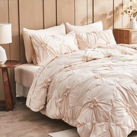 Jameswish Beige Comforter Set Queen Size Bed in A Bag 7 Piece Pinch Pleat Bedding Set, Pintuck Ruched Flowers Bed Set with Comforter, Sheets, Pillowcases & Shams