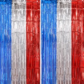 2 Pack 3.3 x 8.3 ft Red Silver and Blue Foil Fringe Backdrop Curtain, Wedding Engagement Streamer Backdrop Tinsel Curtains Photo Booth Props for Graduation Birthday Baby Shower Party Decorations