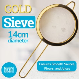 Heavy-Duty 14cm Gold Colour Sieve - Fine Mesh Strainer with Extra Grip Handle, Dishwasher Safe & Durable for Professional Cooking, Baking, Tea, Pasta, Flour, Rice & More. Easy to Use & Clean.