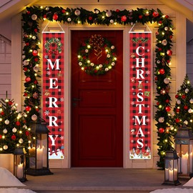 MEHOFOND 30x180CM Winter Merry Christmas Door Hanging Banner New Year Outdoor Indoor Christmas Door Decoration Red Plaid Garland Snowman Snowflake Santa Claus Porch Listing Home Wall Hanging Party