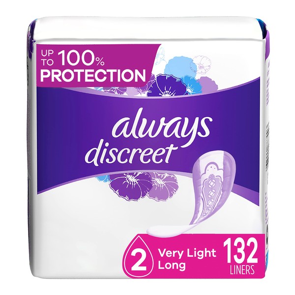 Always Discreet, Incontinence & Postpartum Liners For Women, Size 2, Very Light Absorbency, Long Length, 44 Count X 3 Packs (132 Count Total)