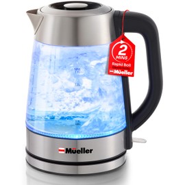 Mueller RapidBoil Electric Kettle 1.8L – Borosilicate Glass & Stainless Steel – BPA-Free Tea Kettle, LED Light, Auto Shut-Off, Boil Dry Protection Water Heater – Fast Heating, Kitchen Essentials