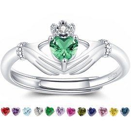 Stacking May Claddagh Birthstone Ring: S925 Sterling Silver Green Heart Irish Rings Adjustable Promise Band for Teen Daugters Best Friends Christmas Anniversay Birthday Gifts Jewelry