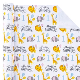 WRAPAHOLIC 1st Birthday Wrapping Paper - Mini Roll - 17 Inch x 9.8 Feet - Cute Animal Wrapping Paper for Kids Girl Boy Birthday, Baby Shower