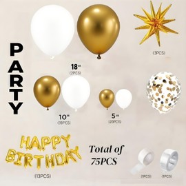 White and Gold Balloons Garland Kit with 3pcs Foil Balloons, Metallic Gold White, 18 12 10 5 Inch Different Size Balloons for Anniversary Birthday Engagements Party Decorations