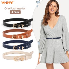 WHIPPY Set of 4 Women Skinny Belts Thin Leather Waist Belt with Alloy Pin Buckle for Pants Jeans Dresses, Black/Brown/Navy Blue/Beige, Fits Waist 27"-31"