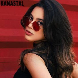 KANASTAL Sunglasses, Women's Vintage Round Retro Men's Polarised John Lennon Hippie Steampunk Sunglasses with Metal Frame, 100% UV Protection, Black, red