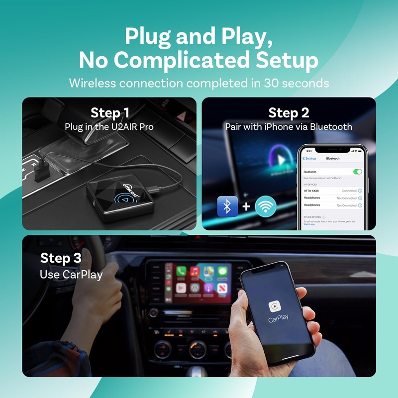 OTTOCAST U2Air Pro Wireless CarPlay Adapter, Seamless Bluetooth & Wi-Fi