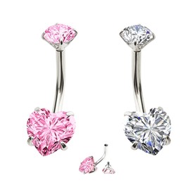 Hillmony 14G Internally Threaded Belly Button Ring - 316L Stainless Steel Silver Shank Navel Jewelry with Pink & White Cubic Zirconia (2-Pack)