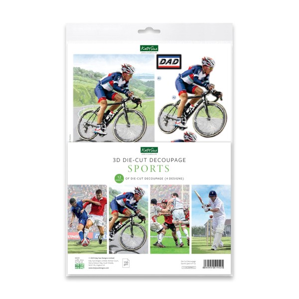 Katy Sue 'Sports' Die-Cut Decoupage for Card Making & Crafts - Pack of 12 Pre-Cut & Numbered Sports-Themed Die Cut Decoupage Sheets in 4 Different Designs 150gsm Quality Paper