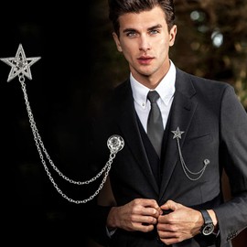 Retro Five-Pointed Star Suit Pin with Hanging Chains Brooch Collar Lapel Pin for Men Shirt Suit Tuxedo Tie Coat Stud Badge Brooch Tassel Suit Accessories Jewelry Pin Clips (Silver)