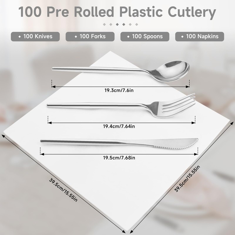 400PCS Pre-Rolled Plastic Cutlery Set Disposable - Wrapped Silver Plastic