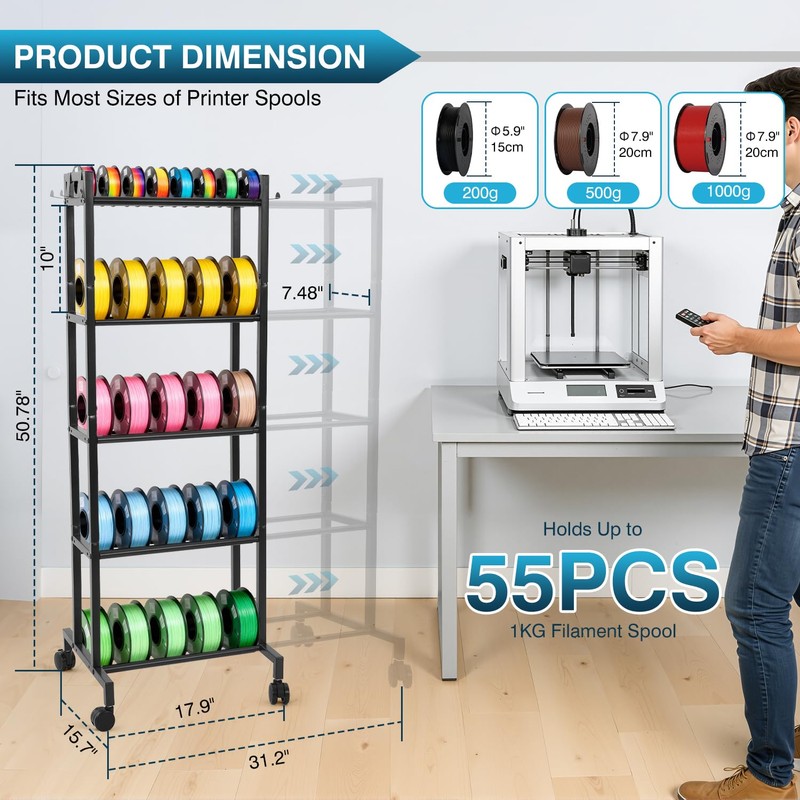 IRONWALLS 3D Printer Filament Rack with Wheel, 5 Tier, 51"