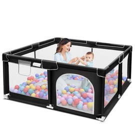 Baby Playpen, Sturdy & Safe Playard with Soft Breathable Mesh for Indoor & Outdoor Use, Portable Baby Fence for Babies & Toddlers,Gift,Black:_Grey (Playpen Only)