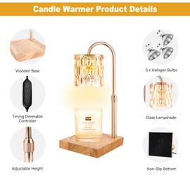 Honvinor Candle Warmer Lamp, Candle Warmer Light with Timer & Dimmer, Candle Warmer Lamp Adjustable Height, Compatible with Jar Scented Candles, Candle Warming Lamp with 3 Bulbs for Home Decor