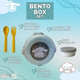 hombäde Bento Lunch Box Container Set with 3 Compartments Sauce Condiment Container Portable Personal Sealed Plastic Utensils Food Cute Kawaii Anime Kitty Bunny Dog (Blue Roll)