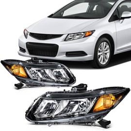 SCITOO Pair Headlight Assembly Fits for Honda Civic 2012-2015 Headlights Clear Lens Black Housing Amber Reflector, 33150TR0A01 33400TR0A01 33150TR2A01 (Bulbs Not Included)