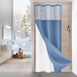 MitoVilla Blue Small Stall Shower Curtain 36 x 72, Narrow Half Size Waffle Weave Fabric Shower Curtain Set with Water-Repellent Snap-in Liner for Modern Neutral Hotel Bathroom Decor, Moonlight Blue