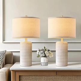 AIEAMPDO 23'' Set of 2 Modern Ceramic Table Lamps for Living Room Bedroom, Nightstand Farmhouse Beige White Desk Lamp for Bedside End Table Entryway, 2 LED Bulbs Included