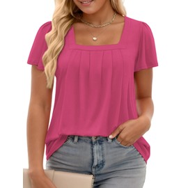 VISLILY Women Plus Size Tops 5X Casual Loose Fit Tees Summer Pleated Square Neck Short Sleeve Shirts Rose Red