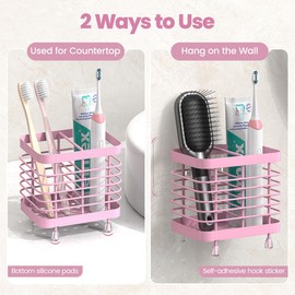 Luxspire Toothbrush Holders for Bathroom, Stainless Steel Electric Toothbrush Holder Wall Mounted, Shower Toothbrush Toothpaste Holder, Bathroom Organizer Essentials, 2 Slots, Pink