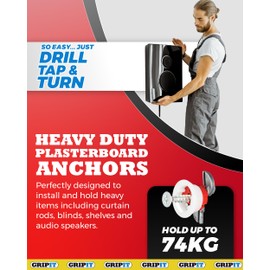 Gripit Red Plasterboard Fixings - Heavy Duty Plasterboard Fixings for Drywall & Stud Walls, Holds Up to 74kg - Ideal for Shelves, Shower Units and Speakers - Easy Install & UK Designed (4 Pack)