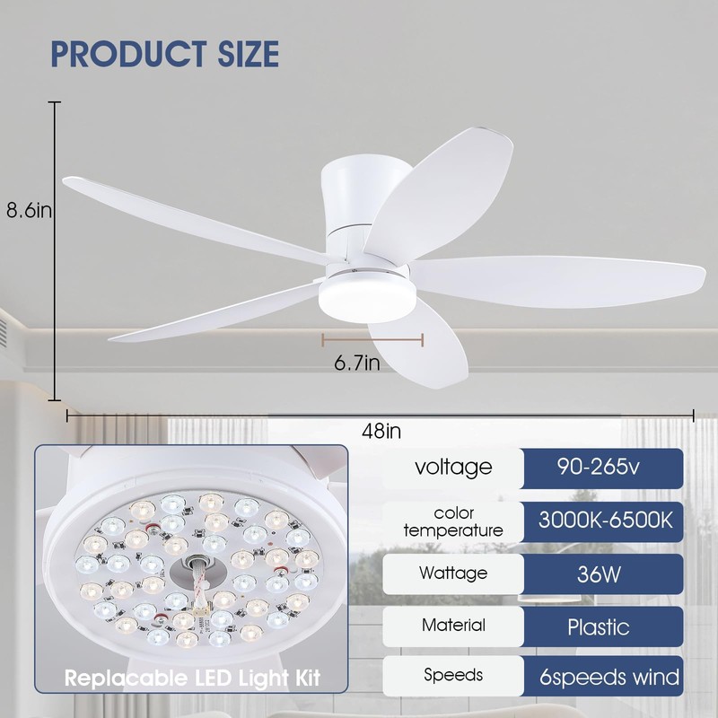 Surtime 48" Ceiling Fans with Lights-Low Profile Ceiling Fan with