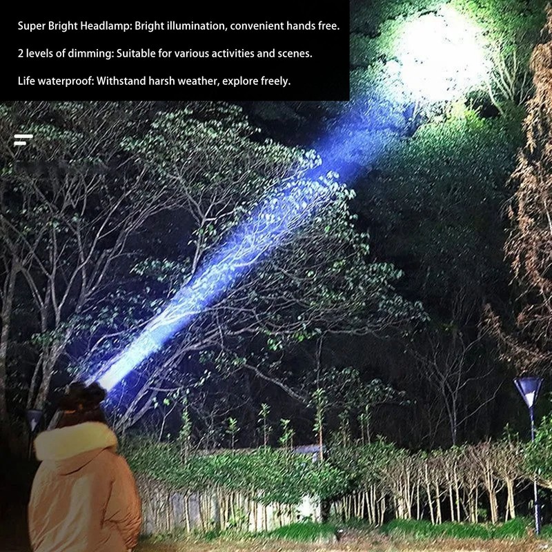 Super Bright Headlamp 90000lm Silver Rechargeable 1600mAh Battery Adjustable Headband