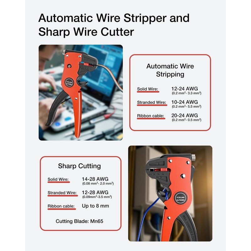 VCELINK Automatic Quickstrip Wire Stripper and Cutter, Professional Quick Strip