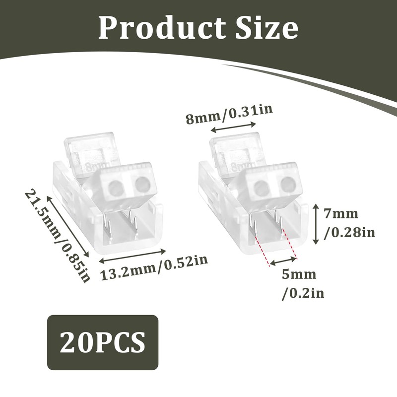 20 Pcs 2 Pin 8mm COB LED Strip Light Connectors,