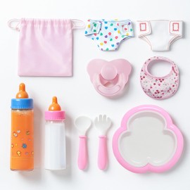 SCOM Reborn Baby Doll Accessories - 10 Pcs Feeding Set, Magic Disappearing Bottle with Milk & Juice, Pretend Play Toy with Alive Diaper & Magnetic Pacifier & Bib & Tableware, for Toddler Kid Gift Pink