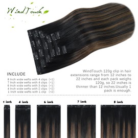 WindTouch Hair Extensions for Women Real Human Hair Clip in, Balayage Hair Extensions 16 Inch 120g Natural Black to Chestnut Brown, Natural Straight Remy Human Hair Clip in Extensions for Women