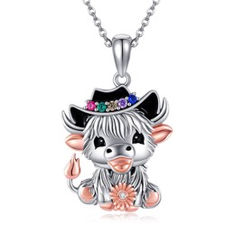 HUKKUN Highland Cow Necklace 925 Sterling Silver Cow Necklace for Women Cute Animal Necklace Jewelry Birthday Gifts for Women Cow Lover
