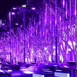 JMEXSUSS Solar Meteor Shower Rain Lights, 30cm 8 Tube 144 LEDs Purple Meteor Lights, Led Falling Rain Fairy String Lights for Xmas Tree Weeding Holiday Party Patio Decoration