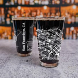 Blue Ridge Mountain Gifts - San Francisco Pint Glass, 16oz Drinkware UV Printed in Black or White Ink, California Keepsake with San Francisco Map Design