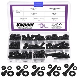 Swpeet 180Pcs 1/4-20" x 1/2" to 1-1/2" 5 Sizes Black Zinc Finish Carbon Steel Grade 8 USS Nut Bolts Assortment Kit, Heavy Duty Bolt Nut and Washer Assortment Coarse Thread Hex Head Cap Screws Bolt