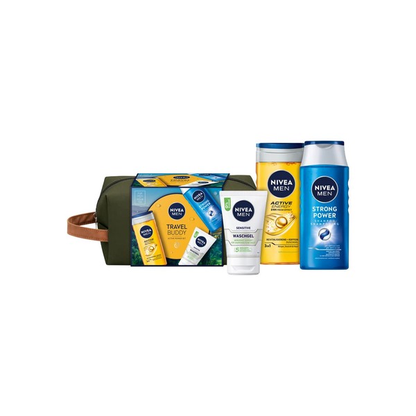 NIVEA MEN Travel Buddy Gift Set, Refreshing Set with Care Favourites for an Active Lifestyle, Care Set with Shower Gel, Shampoo, Wash Gel and Toiletry Bag