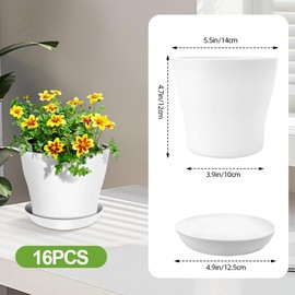 16 Pcs Plant Pots,5.5" Flower Pots,Succulent Pots,Planters for Indoor Plants,Plastic Pots for Plants,Planter Nursery Pots,Indoor Planters with Drainage and Tray,Paintable Flower Pots,White Planters